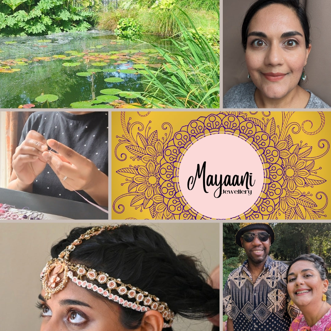 Grid collage featuring a mixture of photos of the founder Megha, a pond, an artisan at work, a happy couple and a bride in an Indian headpiece.