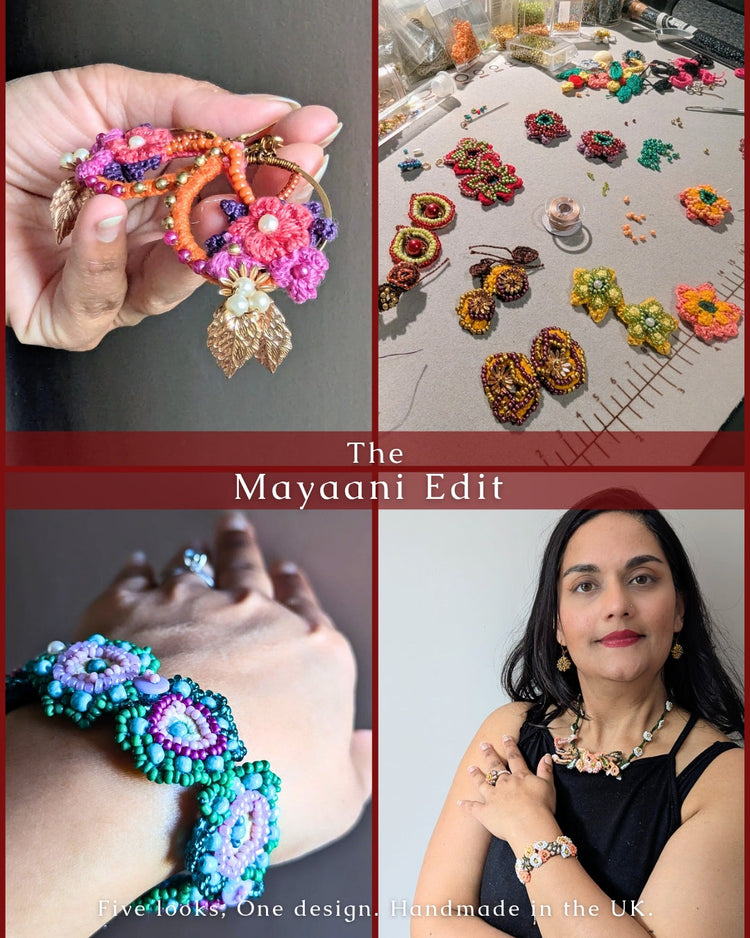 Four image grid collage featuring artisanal earrings, a working mat side view, a vibrant blue bracelet and model wearing handmade beaded pieces by Mayaani Jewellery UK.