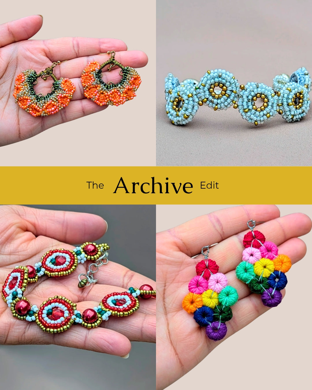 A four image grid collage showcasing colourful Indian inspired earrings and bracelets in the Mayaani Jewellery archive edit.