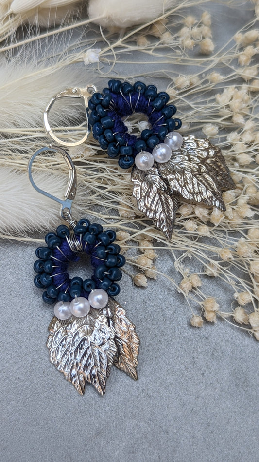 Designer Handmade Dark Blue Silver Leaf Beaded Earrings | Mayaani Jewellery