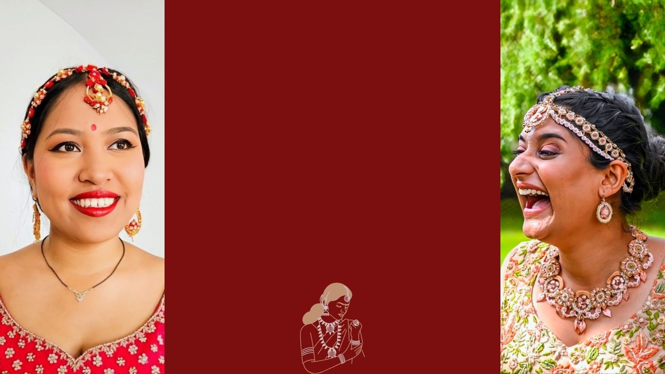 Three images of South Asian women in traditional attire. Two of the images depict two real life brides both adorning bespoke Mayaani Jewellery bridal pieces. The bride to the left wears traditional colours of red and gold, the one to the right wears a modern blend of peach light green and soft gold. The central illustration of an Indian bride is positioned against a bold burgundy backdrop.