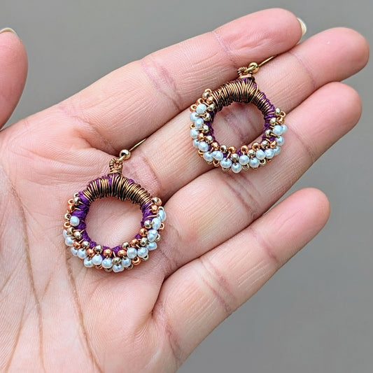 Handmade purple, copper, and freshwater pearl earrings by Mayaani Jewellery UK.