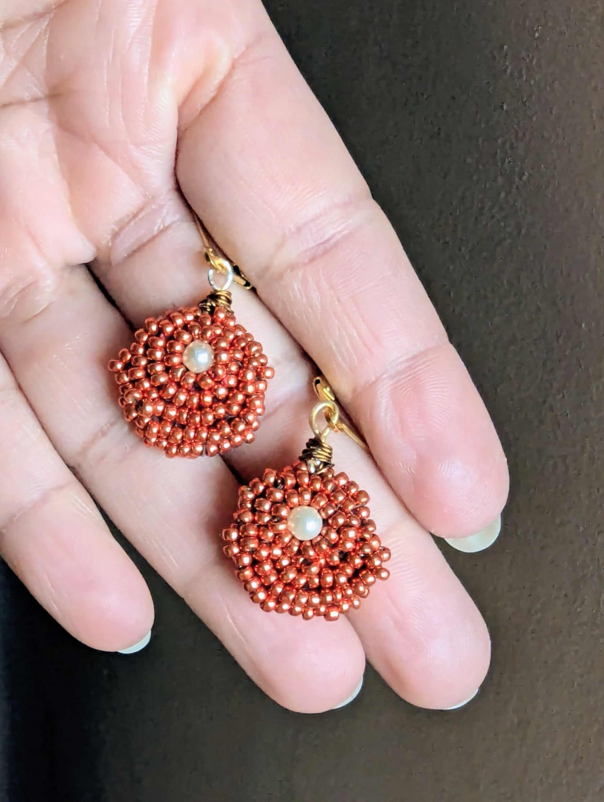 Soniya copper pearl handcrafted seed bead earrings by Mayaani Jewellery for sustainable and elegant everyday design.