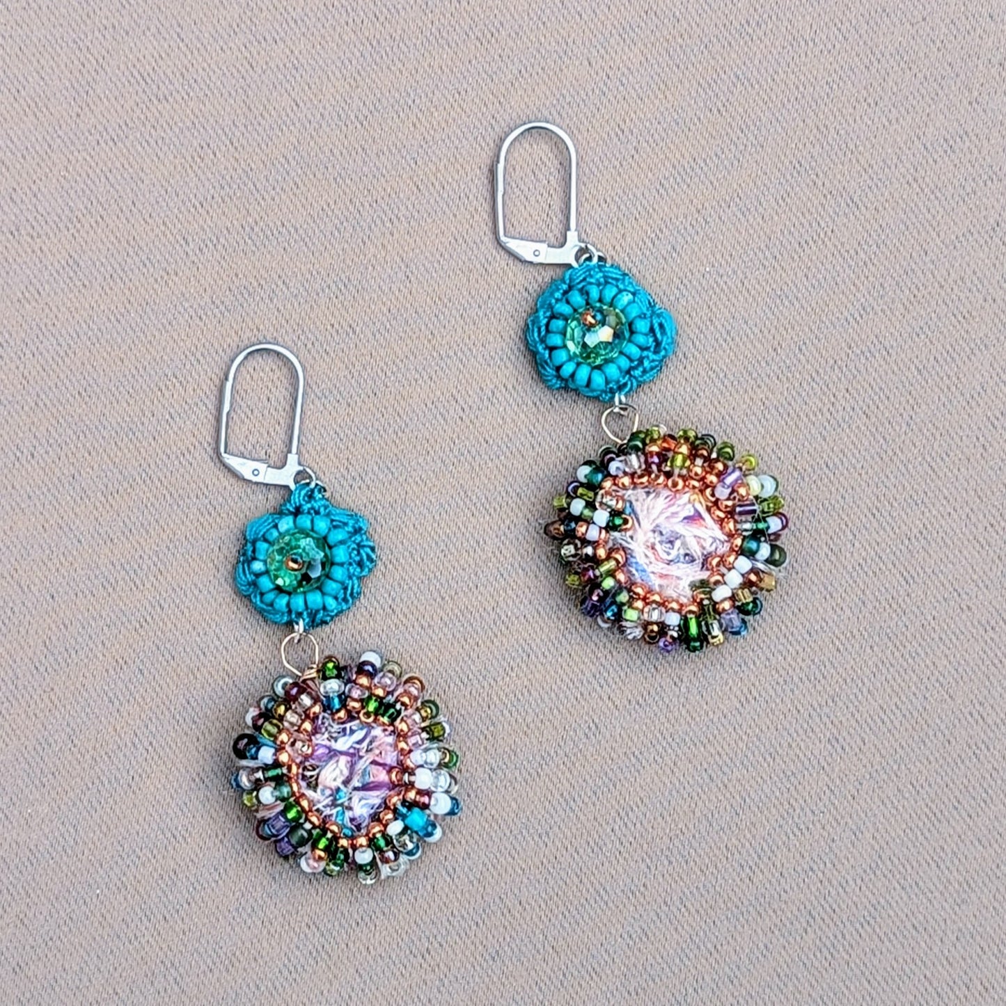 A sustainably handcrafted pair of turquoise scrap bead earrings exclusive to Mayaani Jewellery UK featuring the brand's signature concept scrap beads created to repurpose jewellery making scraps. A beautiful blend of upcycled seed beads perfect for the modern muse.