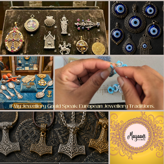 Grid collage depicting various European jewellery traditions, a pair of hands weaving and the Mayaani Jewellery logo.