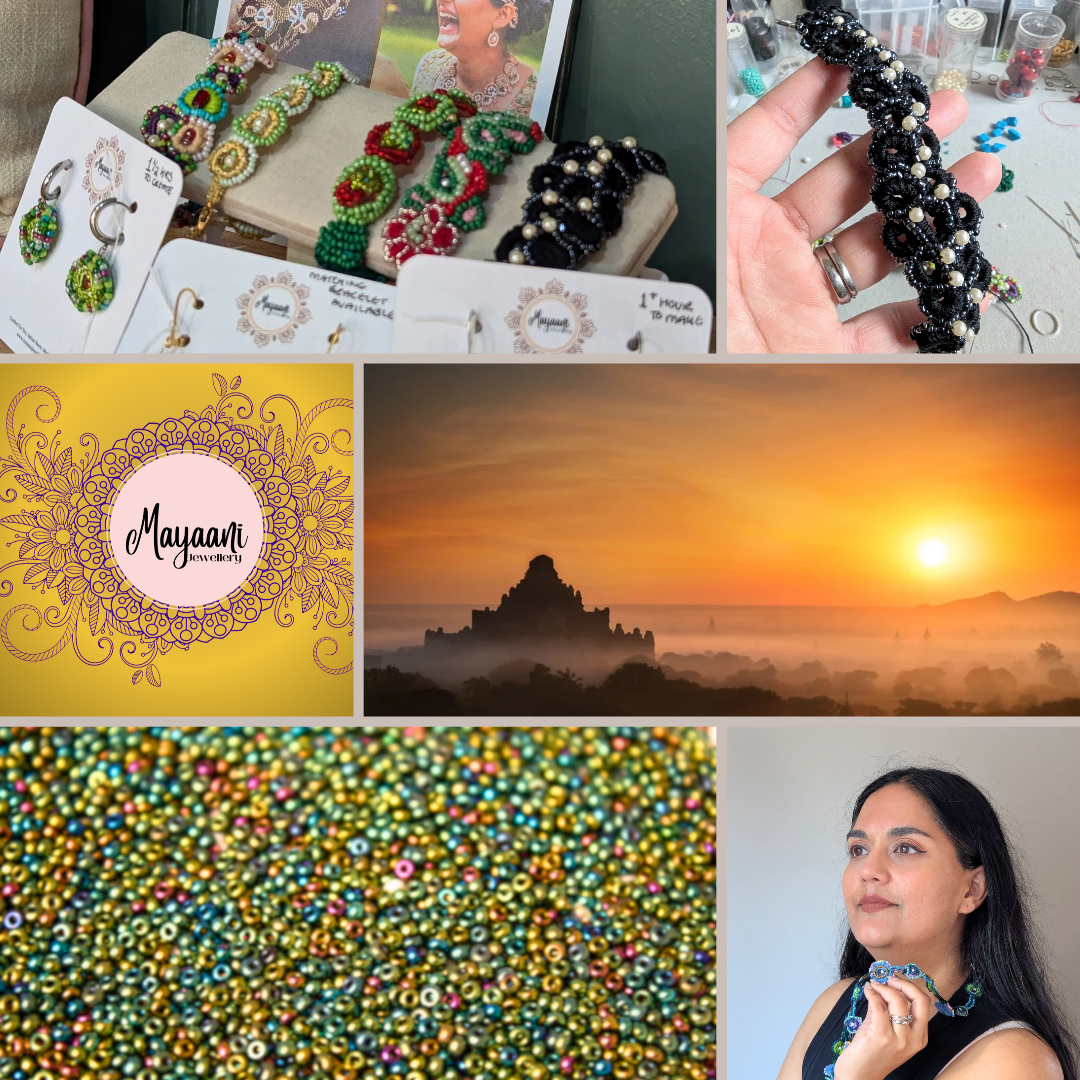 Collage showing handcrafted glass seed bead jewellery, beadwork in progress, ancient temple at sunrise, colourful seed beads, and the Mayaani Jewellery logo.