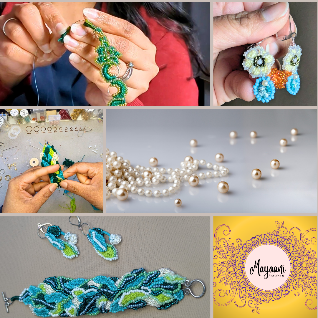 Collage showing artisan hands creating glass seed bead jewellery, pearl embellishment details, finished beadwork pieces, and Mayaani Jewellery branding.