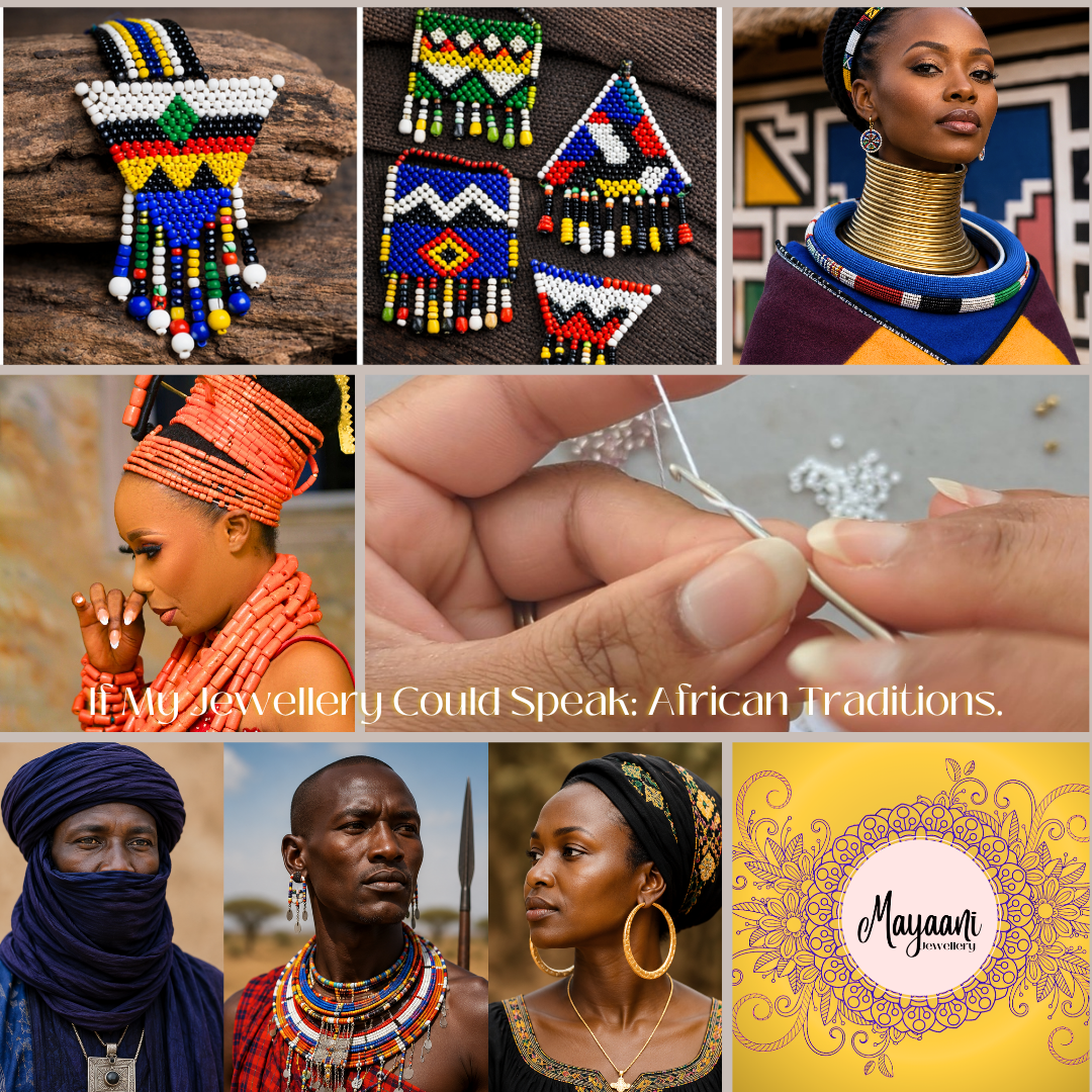 Collage of Zulu, Ndebele, Tuareg and Masaai jewellery traditions with handcrafted beading for Mayaani Jewellery's blog on African jewellery traditions.