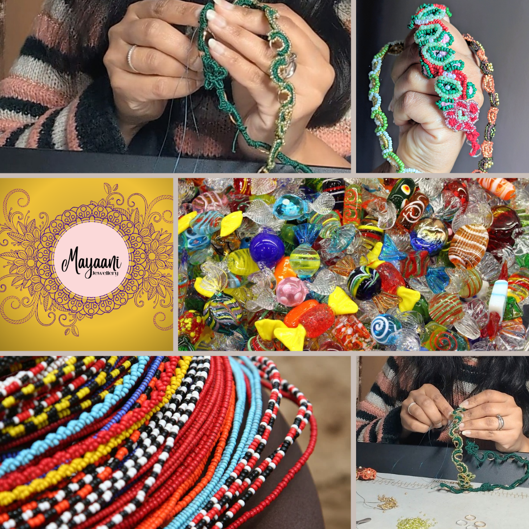 Collage showcasing Megha hand-weaving seed bead jewellery, colourful glass beads, African bead strands & the Mayaani logo.