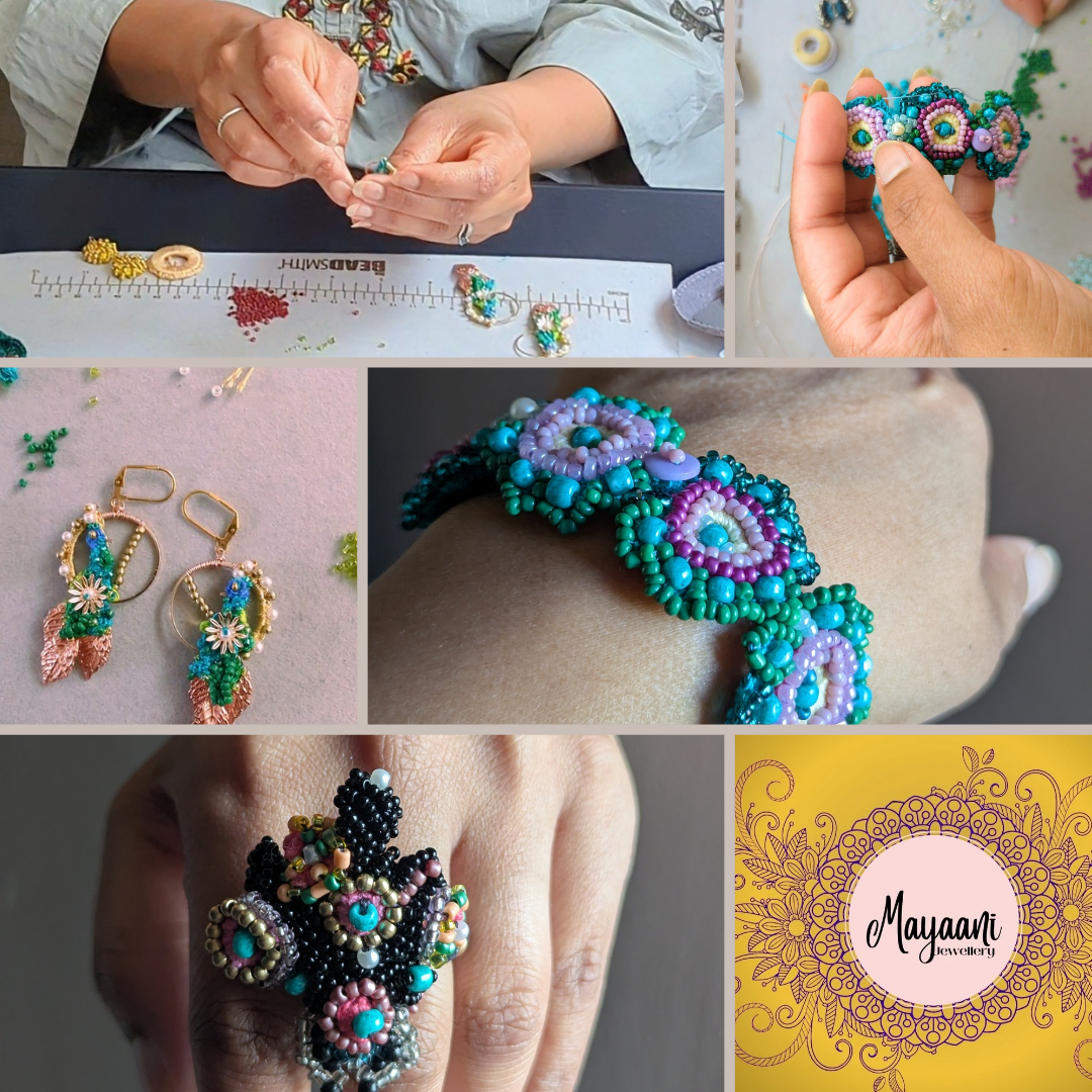 Collage showing the artistry of Mayaani Jewellery beadwork - close-up views of handcrafted seed bead earrings, bracelet, and ring in vibrant turquoise, pink, and gold tones, alongside the Mayaani logo and an artisan beading in prgoress.