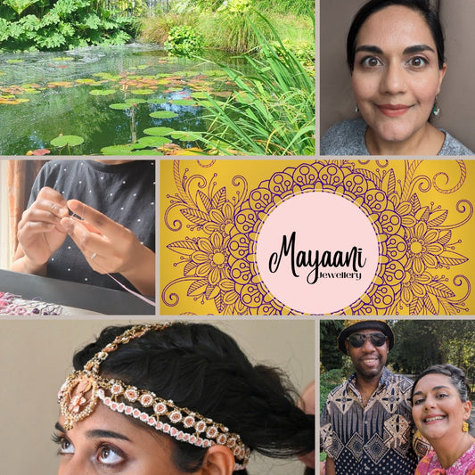 Grid collage featuring a mixture of photos of the founder Megha, a pond, an artisan at work, a happy couple and a bride in an Indian headpiece.