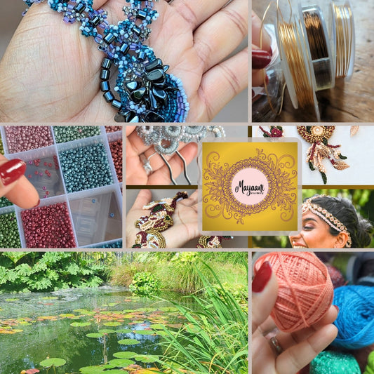 A grid showcasing beaded jewellery, materials & the inspiration behind the scenes a Mayaani Jewellery home of UK handcrafted Indian inspired jewellery.