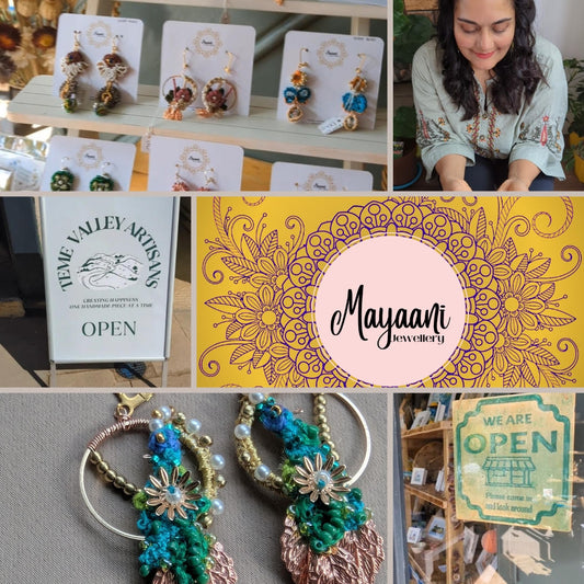 Grid collage showcasing earrings, the artisan Megha, a Teme Valley & shop open sign and textured peacock earrings forming the Mayaani Jewellery UK blog cover.