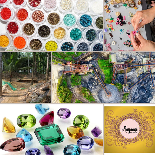 Visual comparison of seed beads, handmade jewellery, and gemstone mining for sustainable jewellery blog.