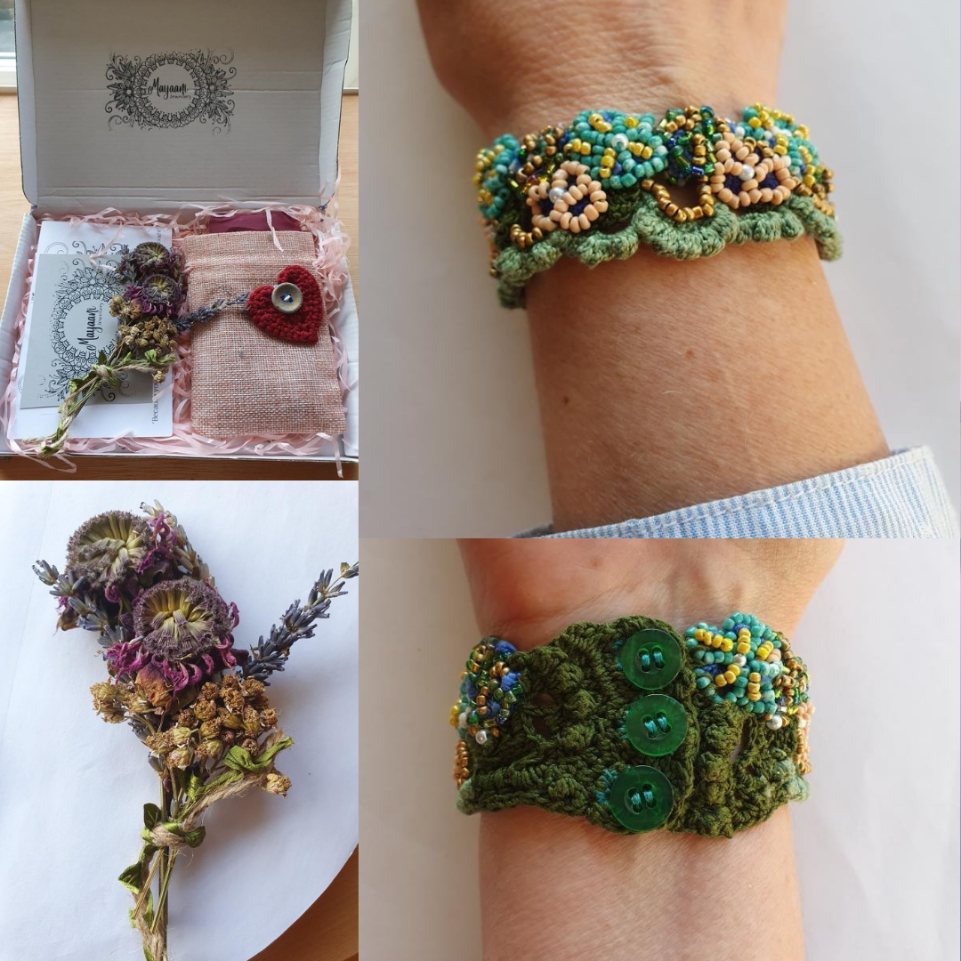 Grid showcasing Mayaani Jewellery dried flower eco packaging and a green blue metal free beaded bracelet worn on a woman's wrist featuring a three button clasp.