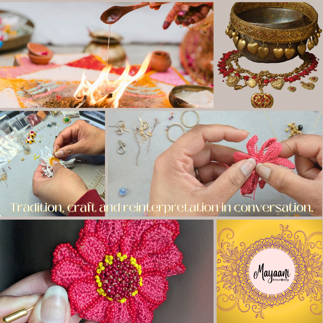 Collage showing Indian ritual imagery, traditional jewellery, hands crafting and a finished Mayaani Jewellery flower brooch.