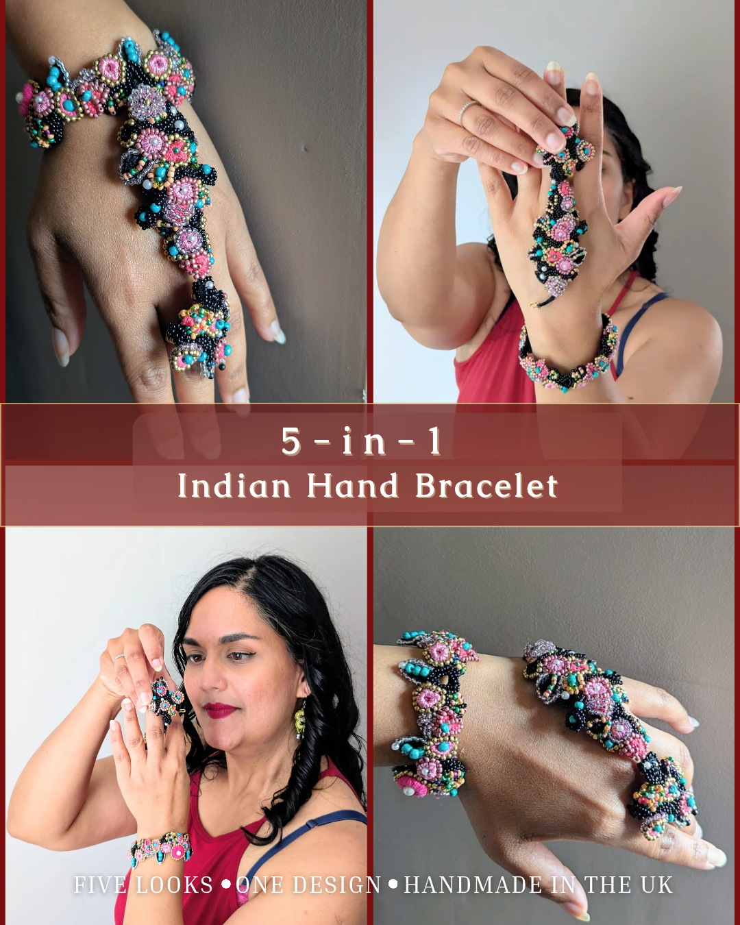 5-in-1 handmade Indian hand bracelet by Mayaani Jewellery UK featuring colourful glass seed beads and versatile design.