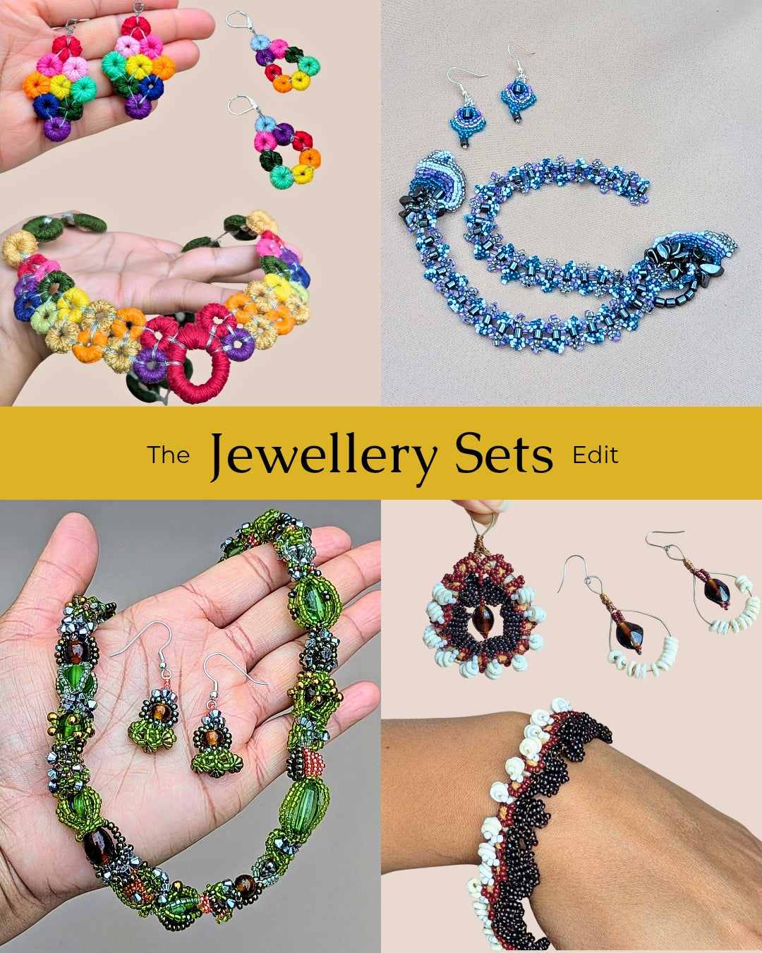 Four image grid featuring Mayaani's jewellery sets inspired by Indian heritage and sustainably handcrafted in the UK.