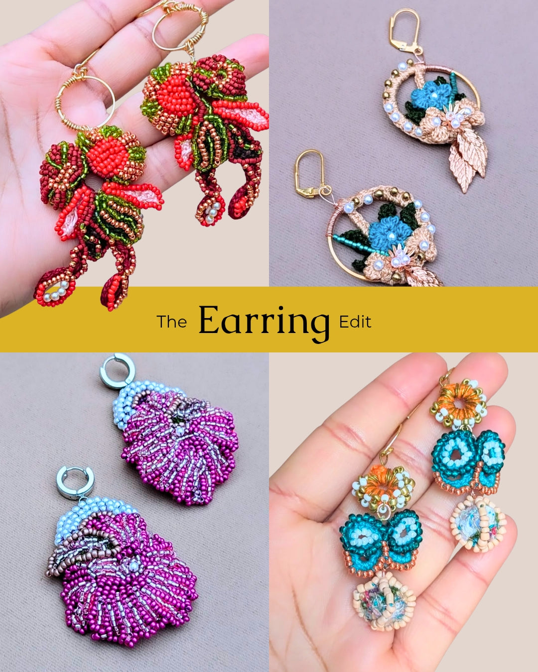 A four image grid showcasing four Indian inspired statement bead crochet wire wrapped earrings from Mayaani Jewellery UK.