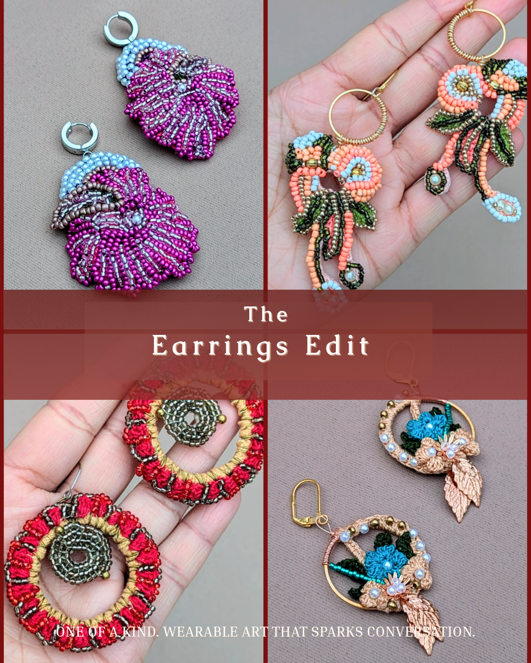 Earrings Edit collection cover showcasing one-of-a-kind handcrafted Indian beadwork statement earrings in varied colours and designs.