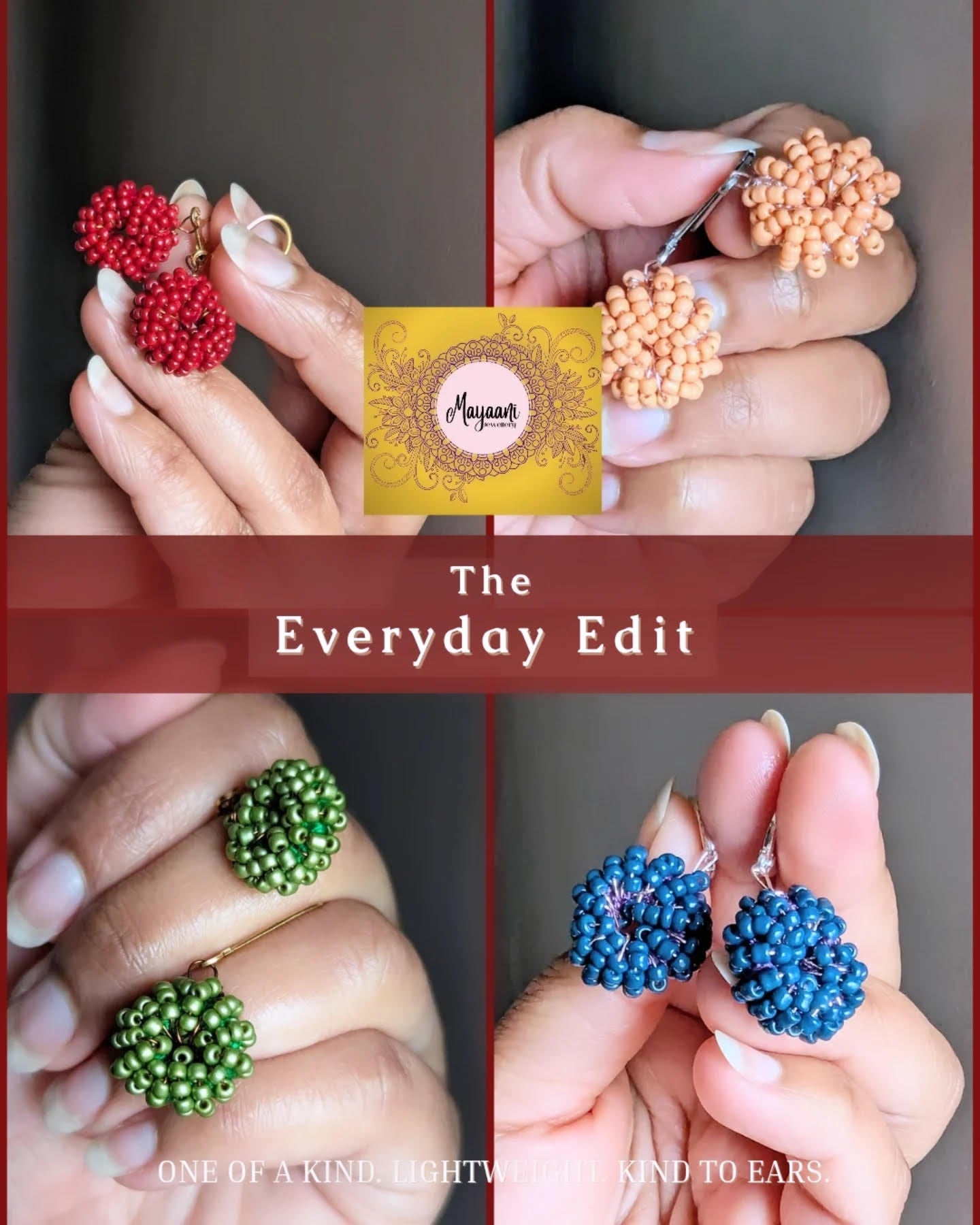 Four pairs of crochet and seed bead earrings in red, peach, green and blue held gently in hands symbolising The Everyday Edit by Mayaani Jewellery - a collection of handmade sustainable ornaments crafted in the UK.