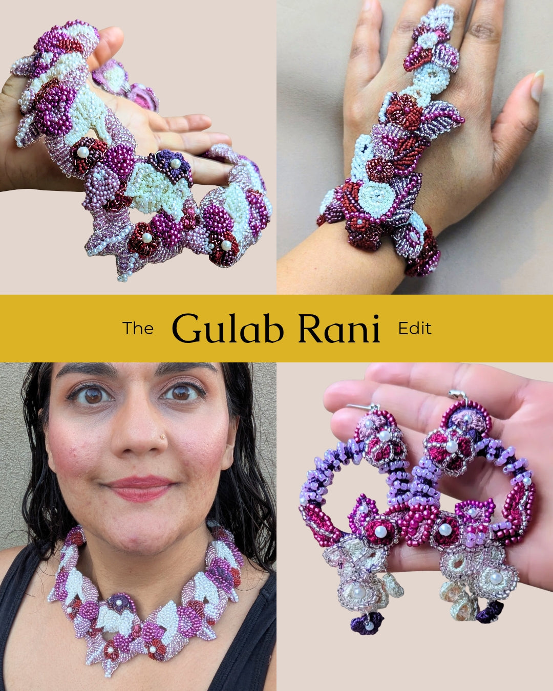 Four image grid showcasing Mayaani's gulab rani pink, purple, red and ivory Indian bridal statement jewellery set.