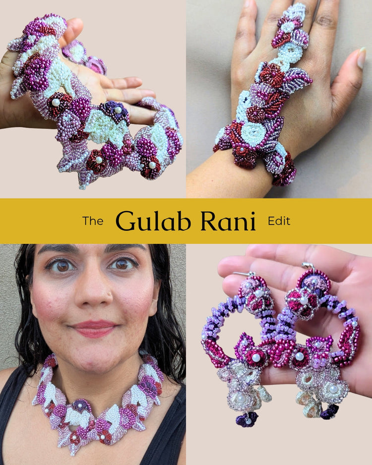 Luxury Indian bridal necklace and earrings featuring purple, pink, red and ivory tones with bead embroidery, crochet, and wirework - part of the Gulab Rani collection by Mayaani Jewellery.