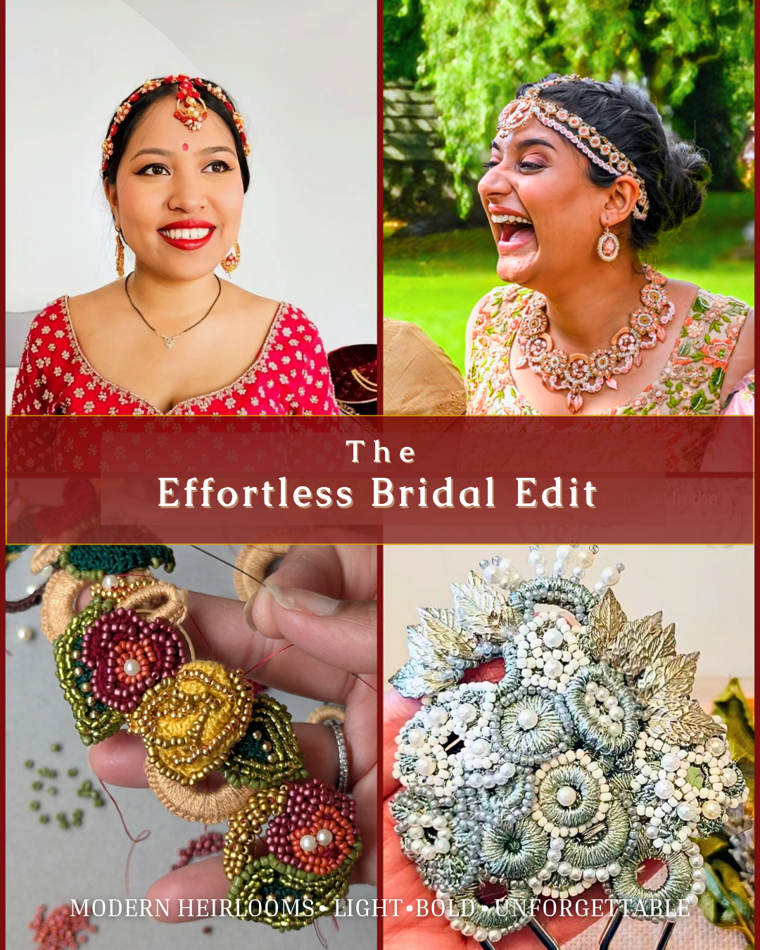 Editorial banner for The Effortless Bridal Edit showcasing joyful brides and handcrafted seed-bead bridal jewellery by Mayaani Jewellery UK