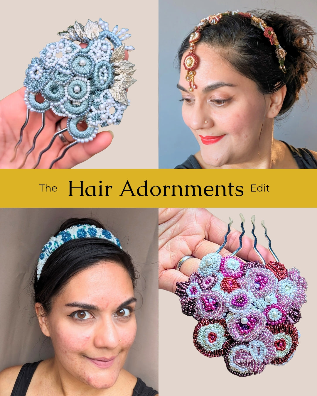 Model wearing Mayaani hair adornments including an Indian bridal headpiece and tiara headband also showcasing hair pins.