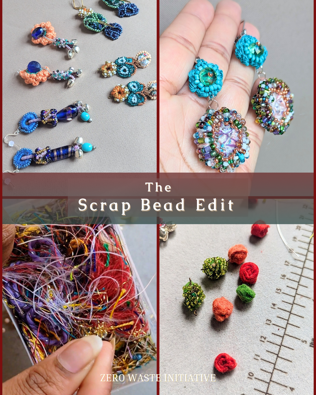 Collage of handmade scrap bead earrings from The Scrap Bead Edit by Mayaani Jewellery, crafted in the UK using reclaimed beads and threads as part of the brand's zero-waste, sustainable design initiative.