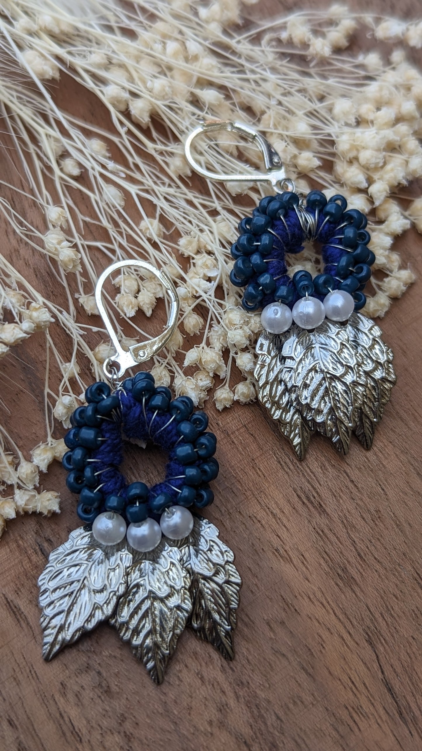 Designer Handmade Dark Blue Silver Leaf Beaded Earrings | Mayaani Jewellery