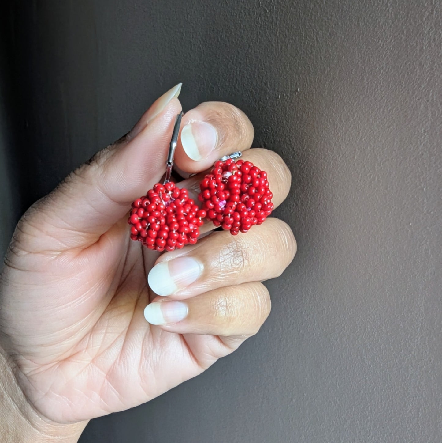 One-of-a-kind red cluster earrings made with premium seed beads and hypoallergenic metal findings.