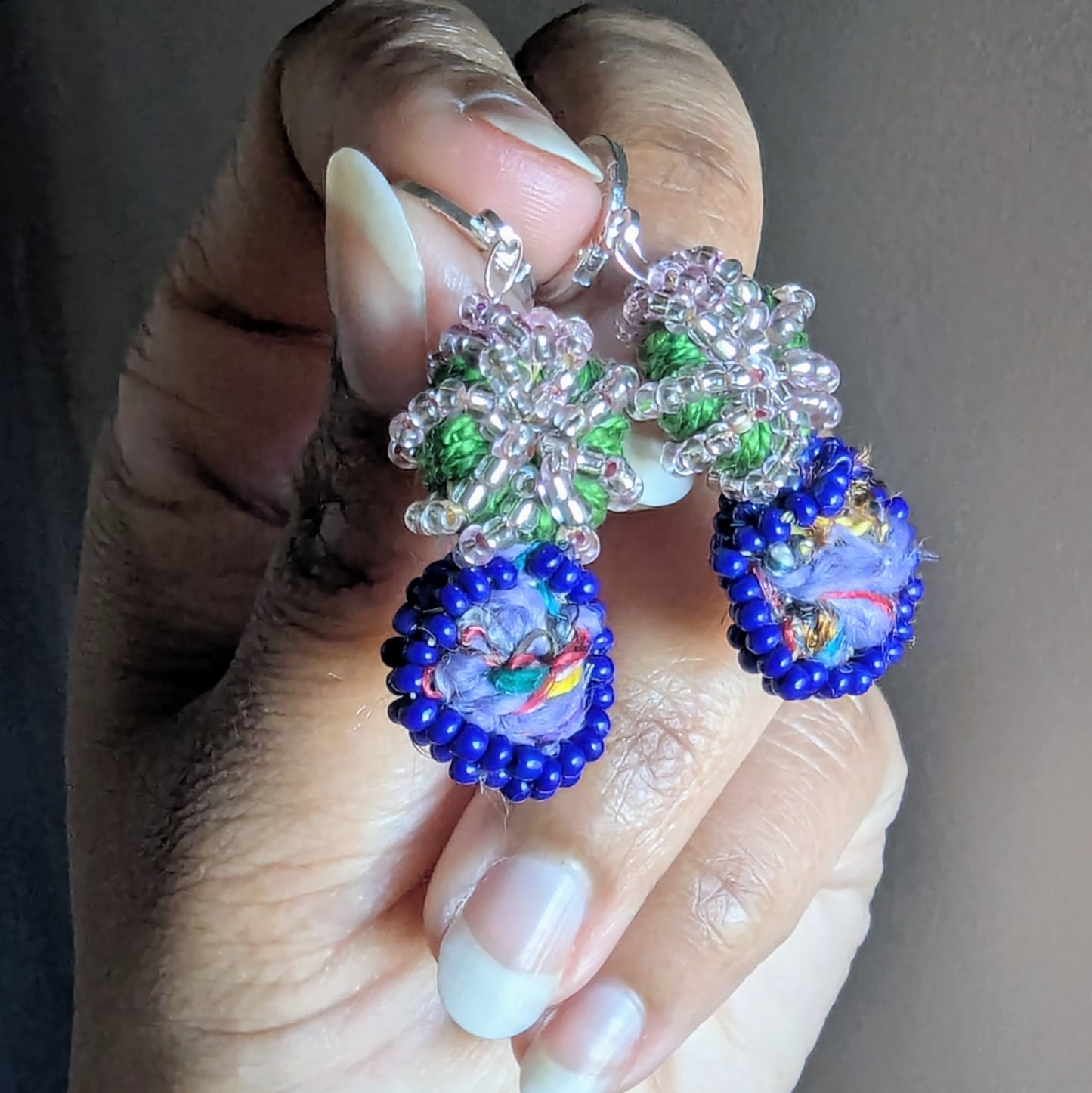 Gaia sustainable scrap bead earrings featuring blue, green, and pink tones, handcrafted by Megha of Mayaani Jewellery UK.