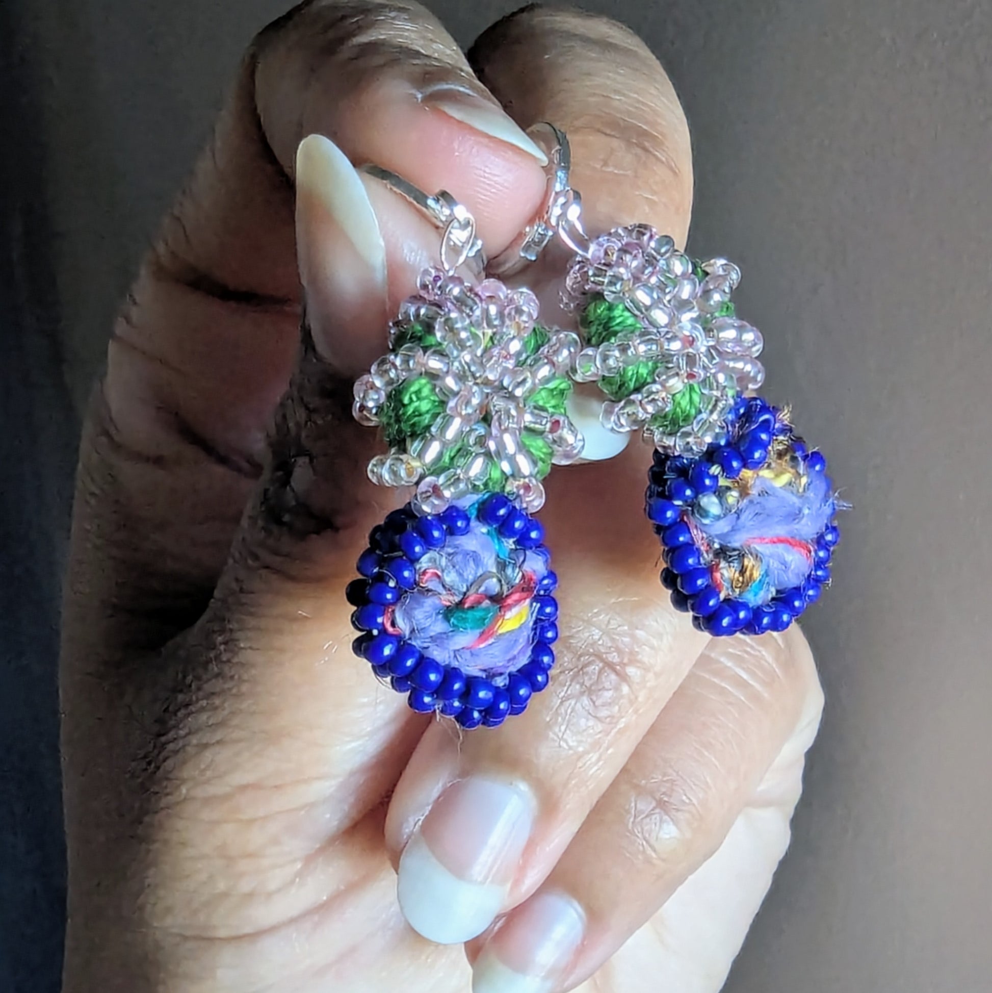Gaia sustainable scrap bead earrings featuring blue, green, and pink tones, handcrafted by Megha of Mayaani Jewellery UK.