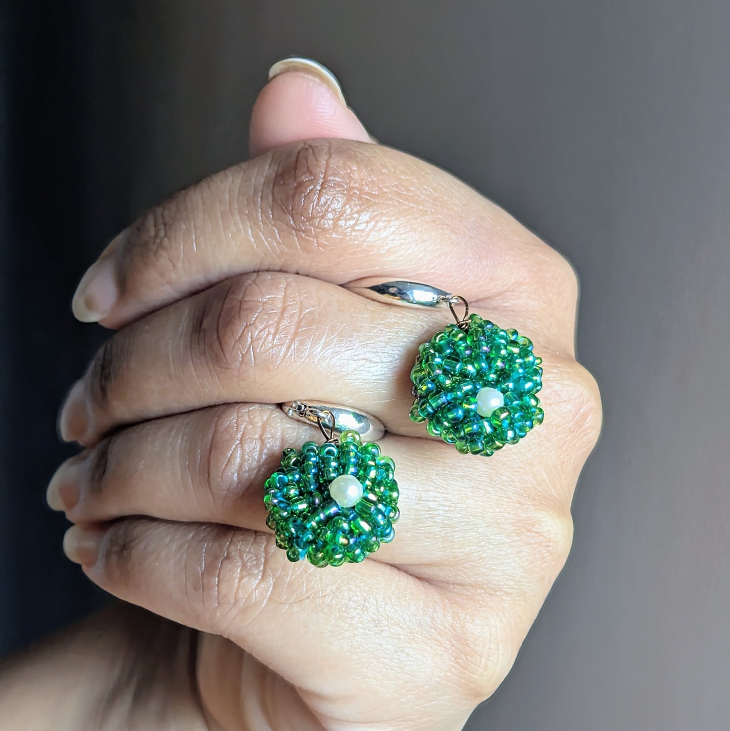 Vasanti green and pearl handcrafted earrings from Mayaani Jewellery UK, made with Czech glass seed beads and vintage pearls.