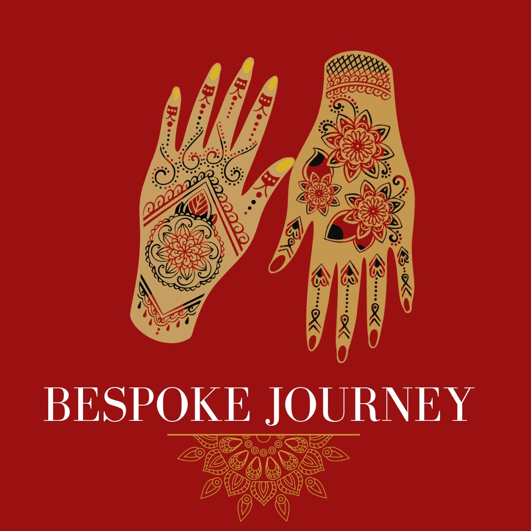 An illustration of Indian henna / mehndi decorating two hands representing the meaningful, collaborative design consultations clients can enjoy on their bespoke journey with Mayaani Jewellery.