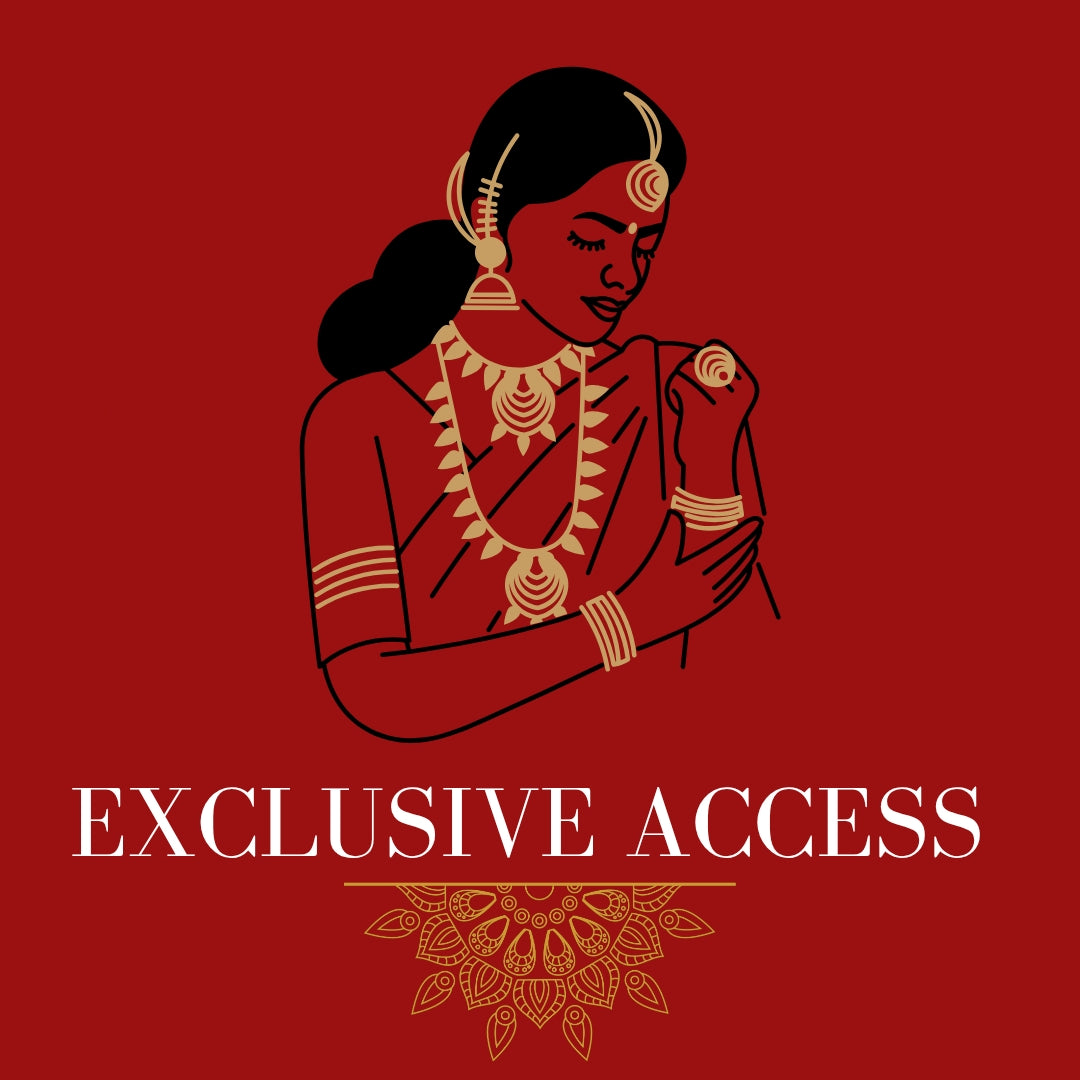 Illustration of a South Asian Indian bride in traditional heritage inspired attire holding a wrist full of bangles, representing the personalised exclusive design access clients enjoy and receive from UK sustainable Indian jewellery brand Mayaani Jewellery.