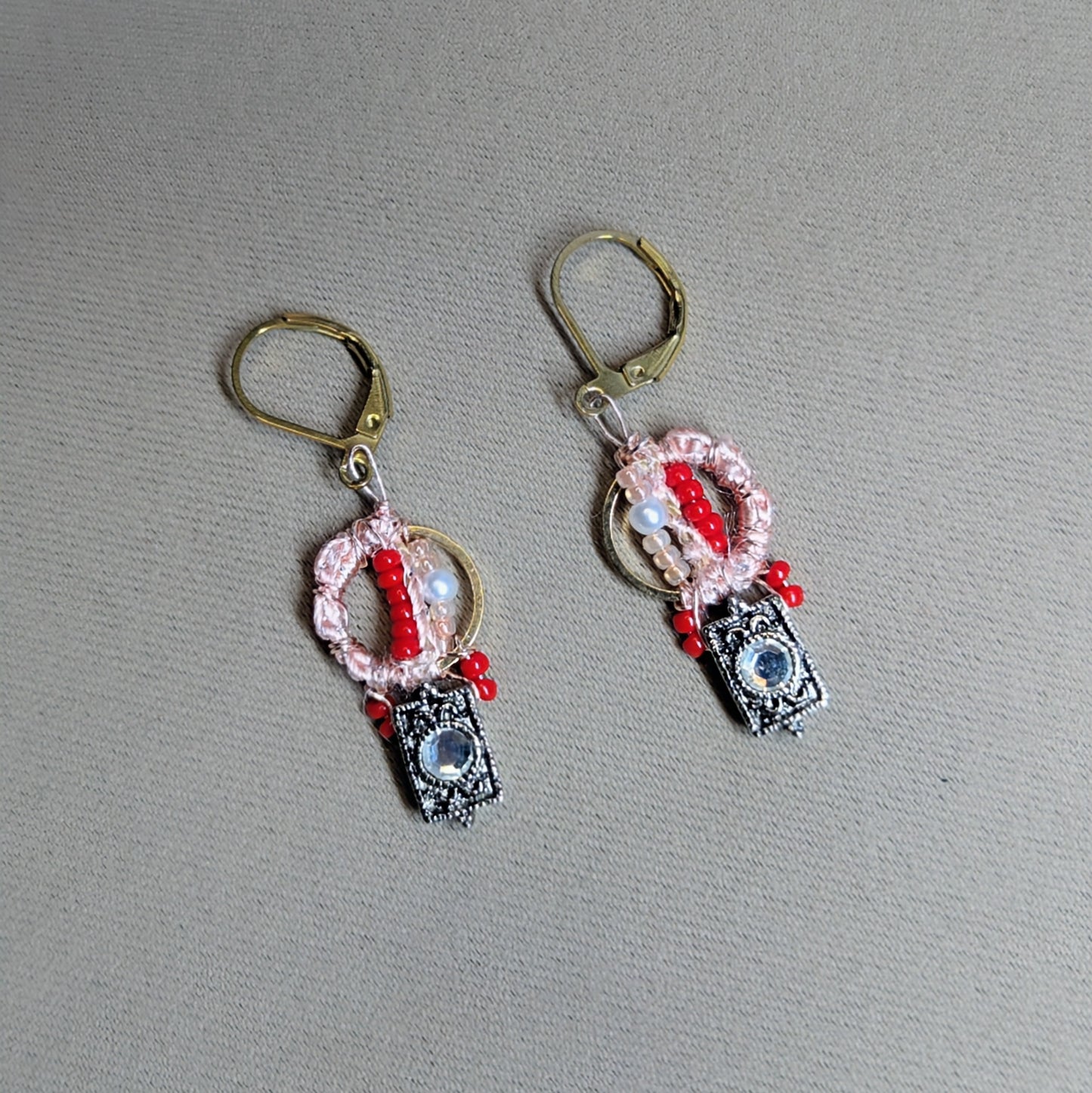 Inara vintage cubic zirconia beaded drop earrings with blush pink wrap, red seed beads and seed pearls on gold stainless steel hoops, handmade in the UK.