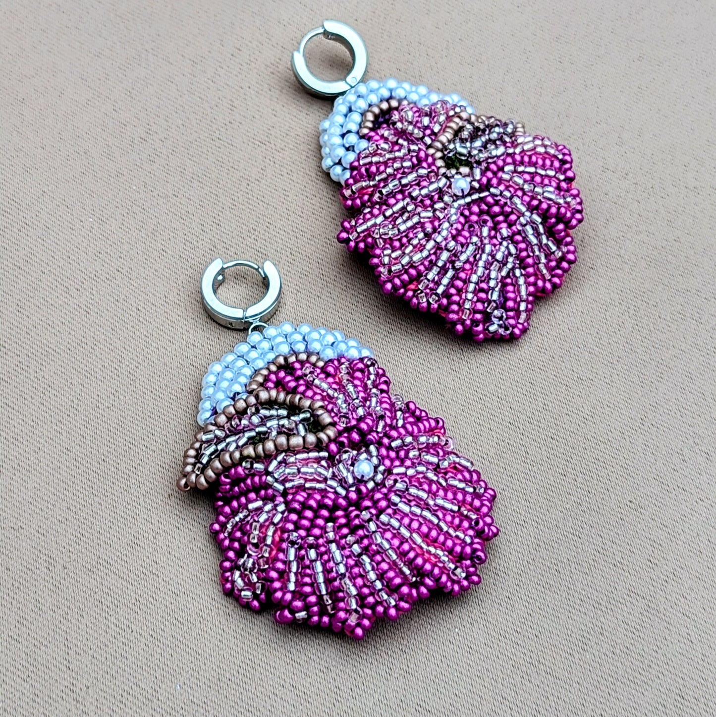One-of-a-kind Lila statement earrings with silver-lined seed beads and pearl cotton.