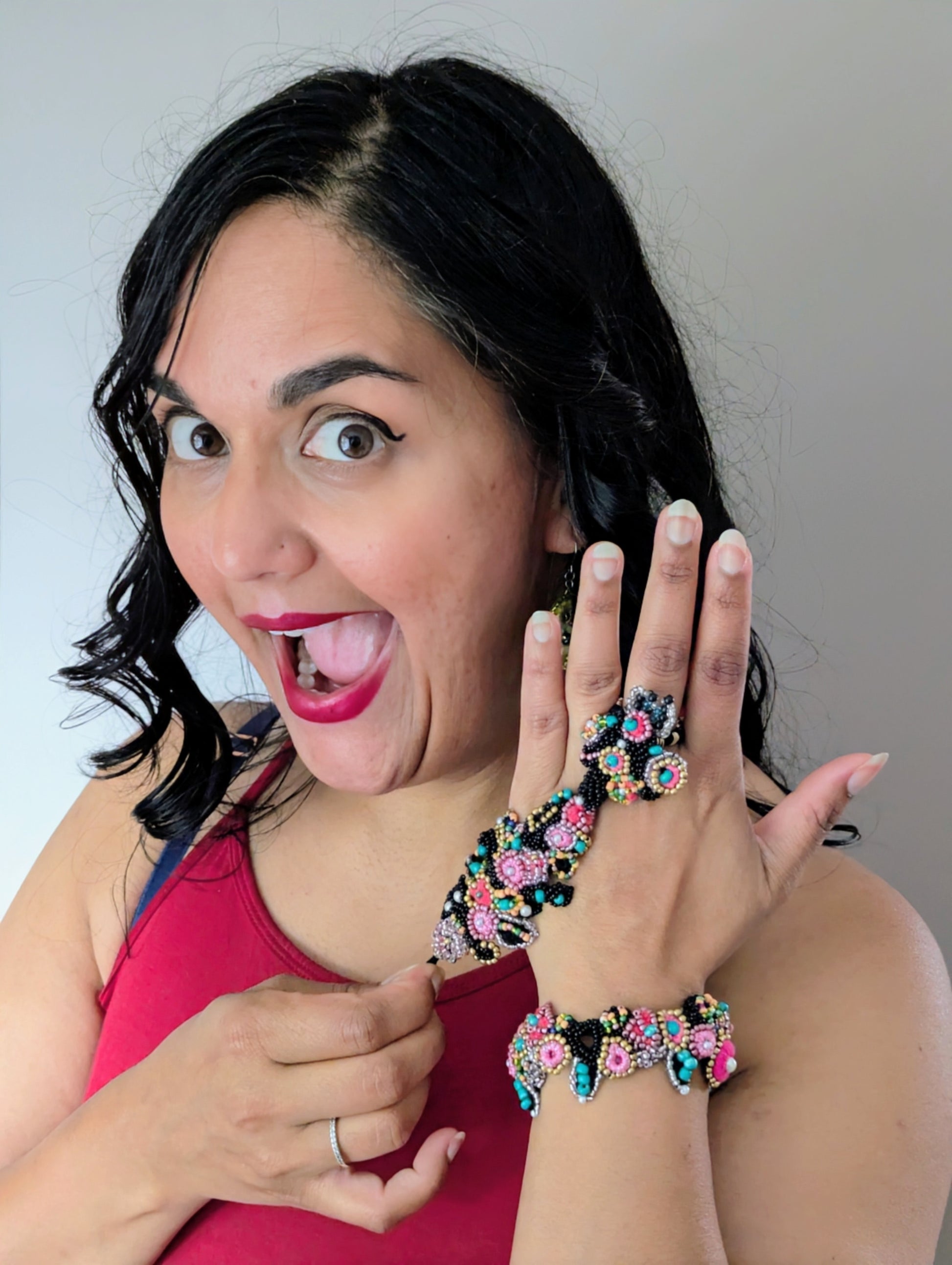 Model wearing the Madhuri 5-in-1 transformative Indian heritage inspired hand bracelet exclusive to and created at Mayaani Jewellery UK.