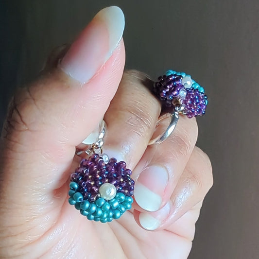 Masi Lavanya purple and blue beaded earrings handcrafted by Megha of Mayaani Jewellery UK using vintage pearls and glass seed beads.