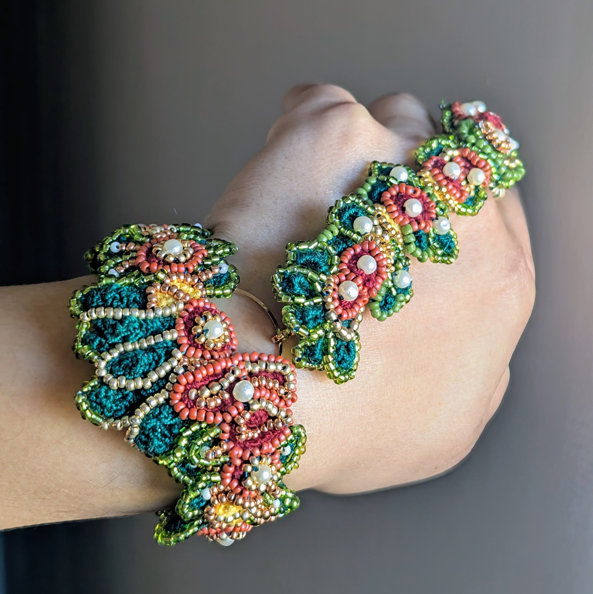 Rukmini handmade Indian hand bracelet by Mayaani Jewellery - teal, rose, coral and gold beadwork detail, Czech and Miyuki glass seed beads with seed pearls.