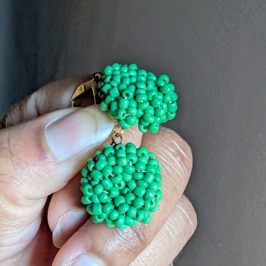 Masi Harita handcrafted green beaded earrings made with Czech glass seed beads and gold lever-back clasps by Megha of Mayaani Jewellery UK.