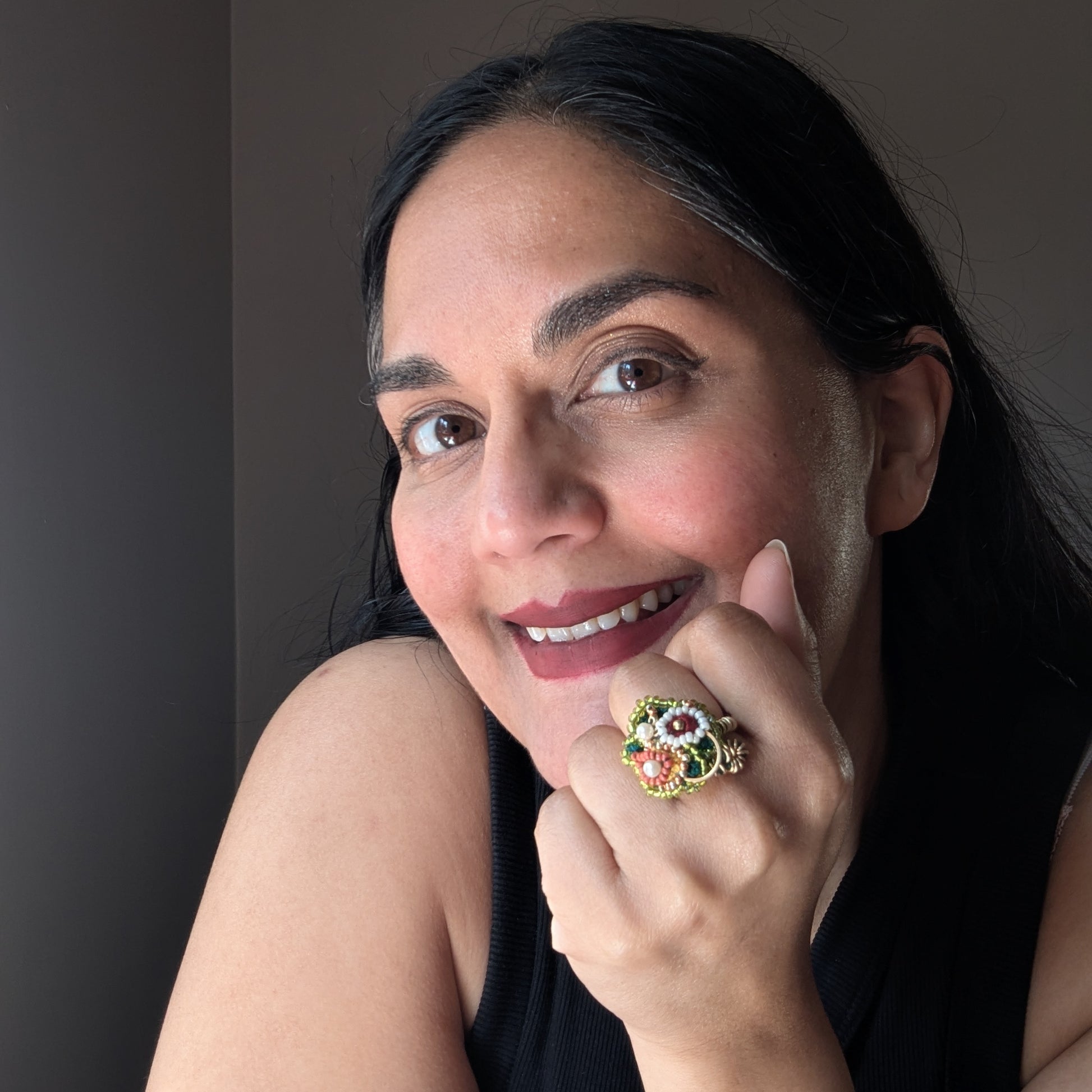 Megha founder of Mayaani Jewellery wearing Rukmini as a standalone statement ring - sustainably handcrafted jewellery UK.