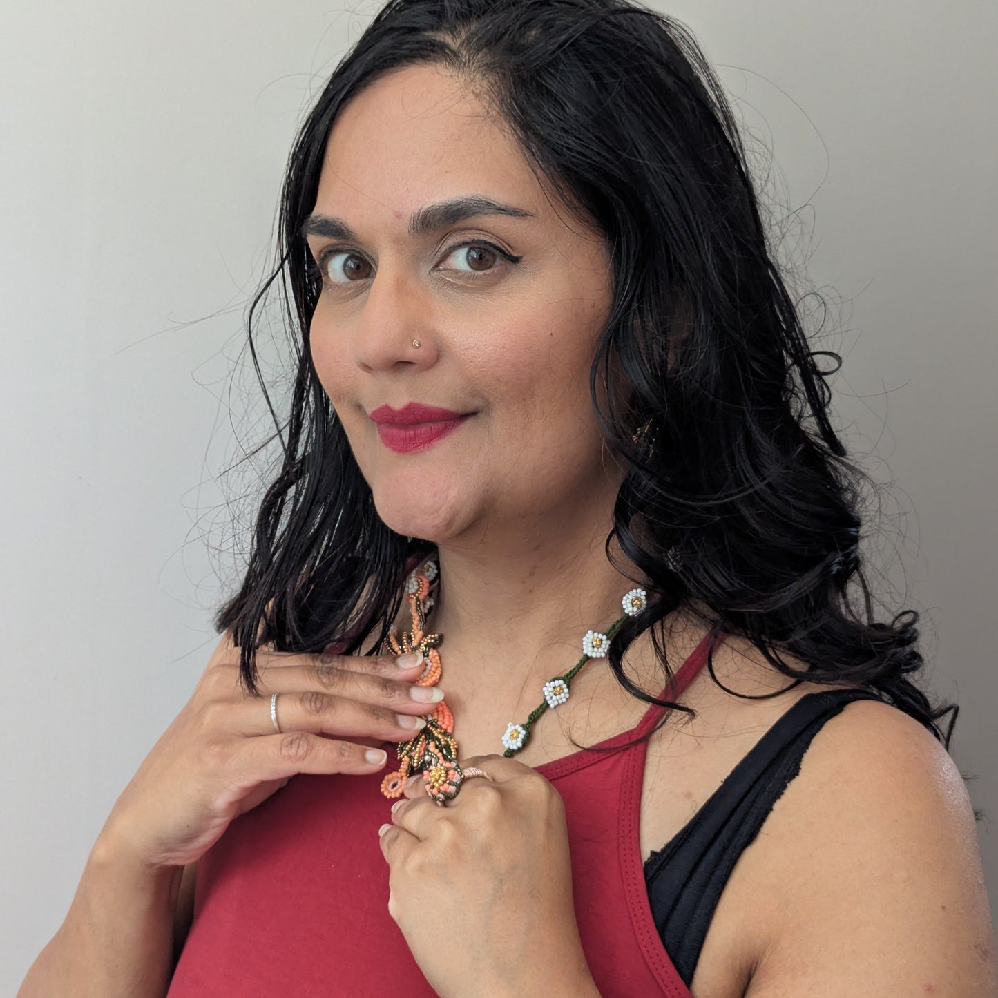 Mayaani .Jewellery maker Megha modelling the statement necklace element of the Padmika 5-in-1 innovative concept Indian hand bracelet.
