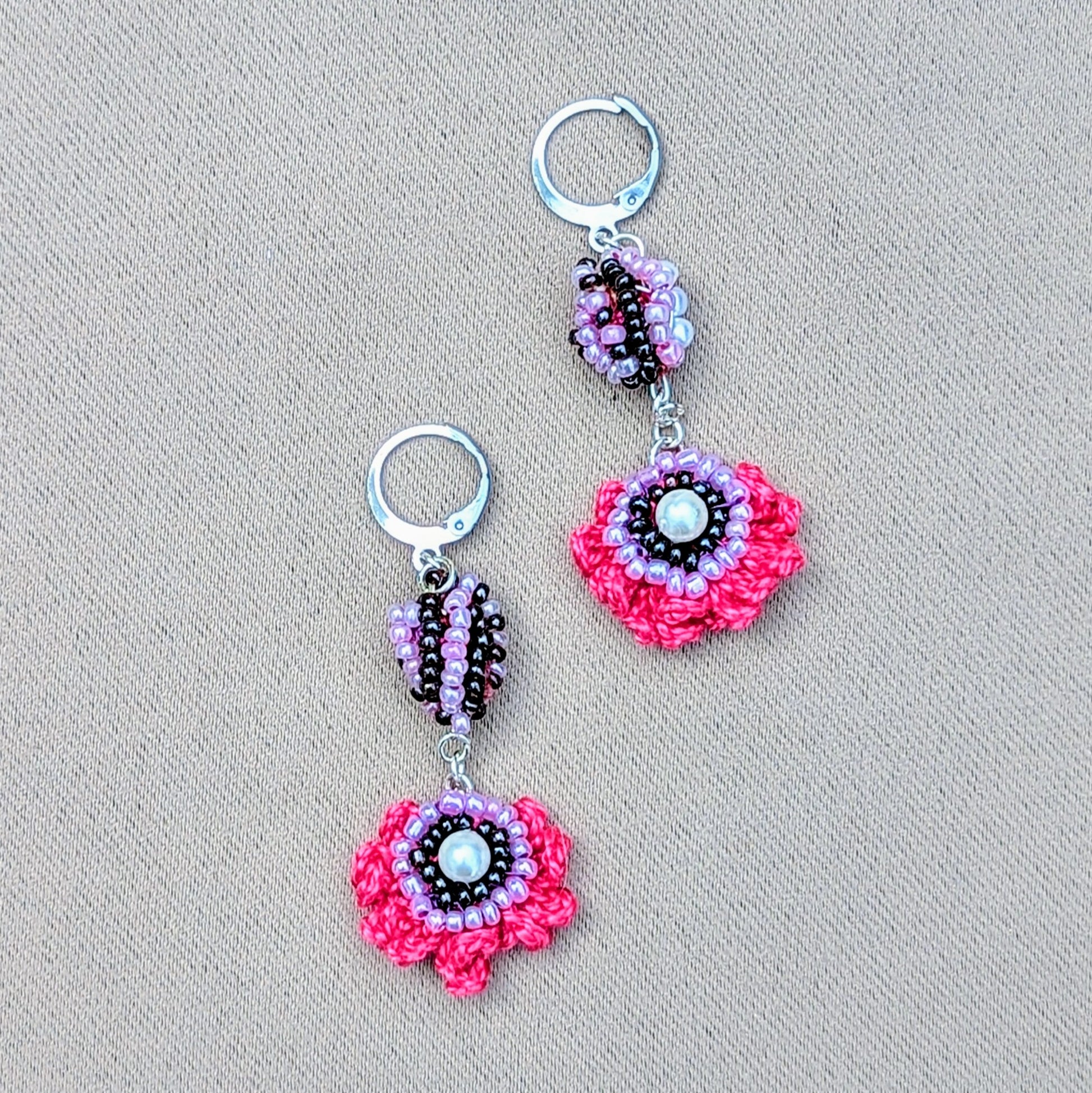 Purple, pink and white handcrafted Indian-style scrap bead earrings by Megha of Mayaani Jewellery UK, sustainable fine jewellery design.
