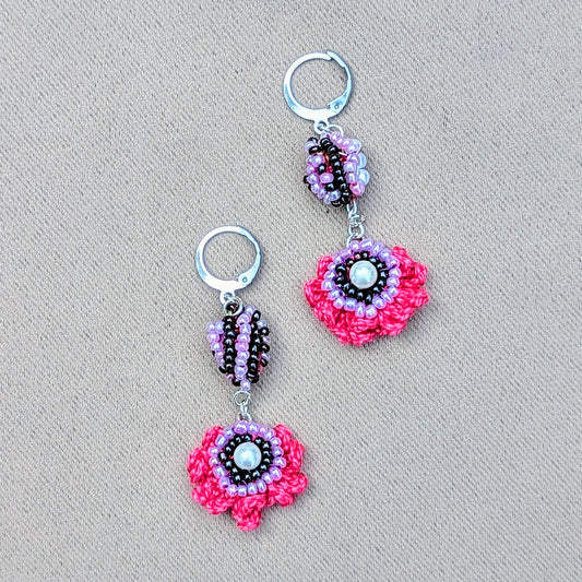 Purple, pink and white handcrafted Indian-style scrap bead earrings by Megha of Mayaani Jewellery UK, sustainable fine jewellery design.