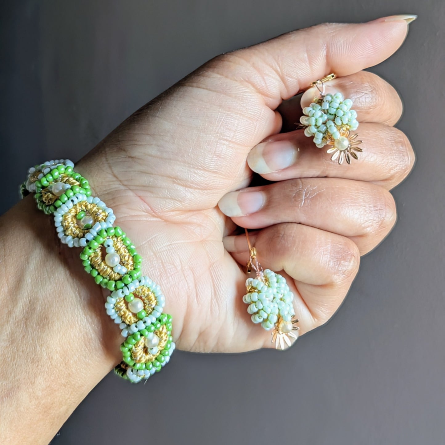 Pranaya | Handmade Mint Green Pearl Beaded Earrings