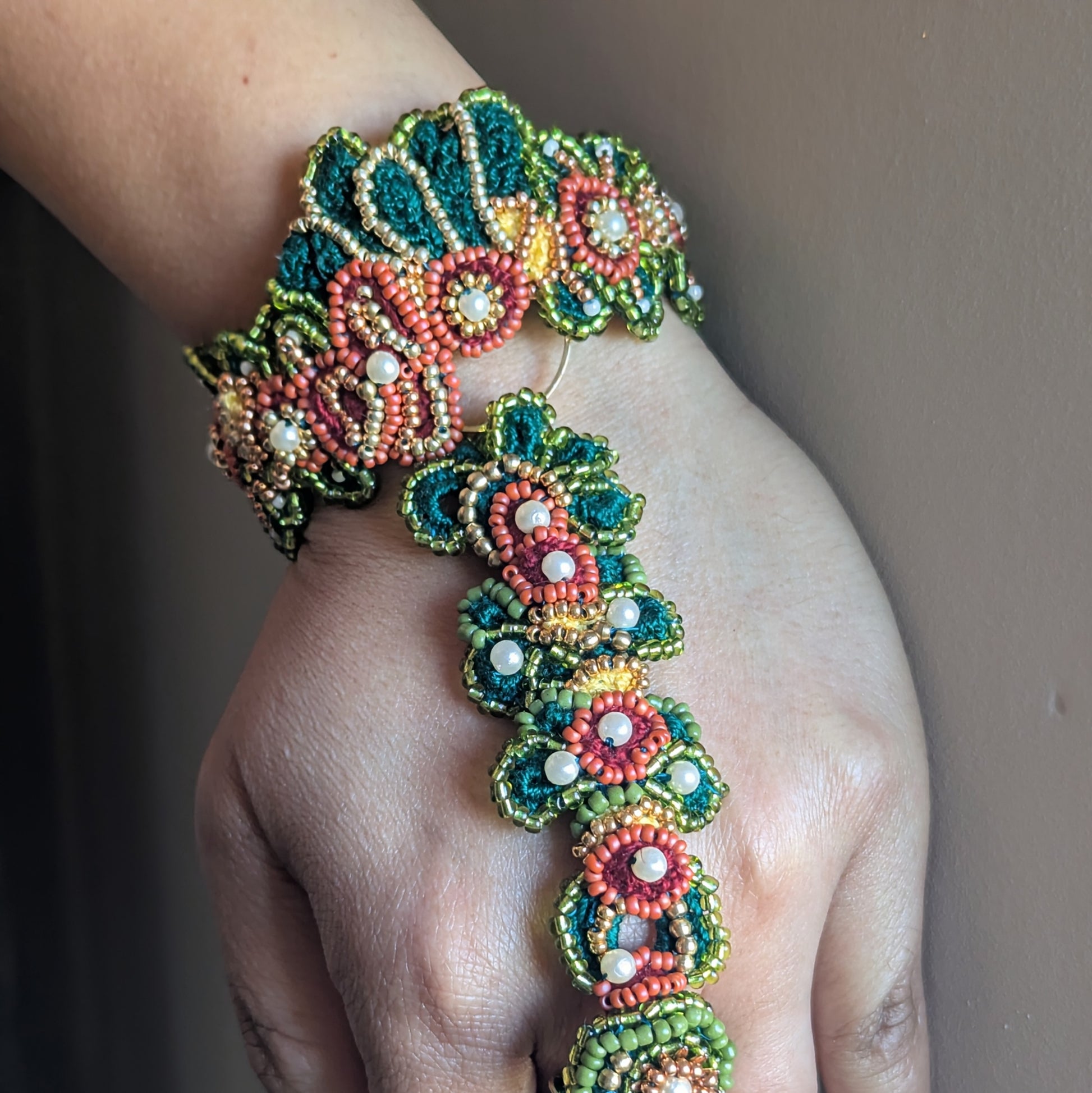 Rukmini 5-in-1 Indian hand bracelet worn on wrist - one of a kind handmade beaded haath phool by Mayaani Jewellery UK.