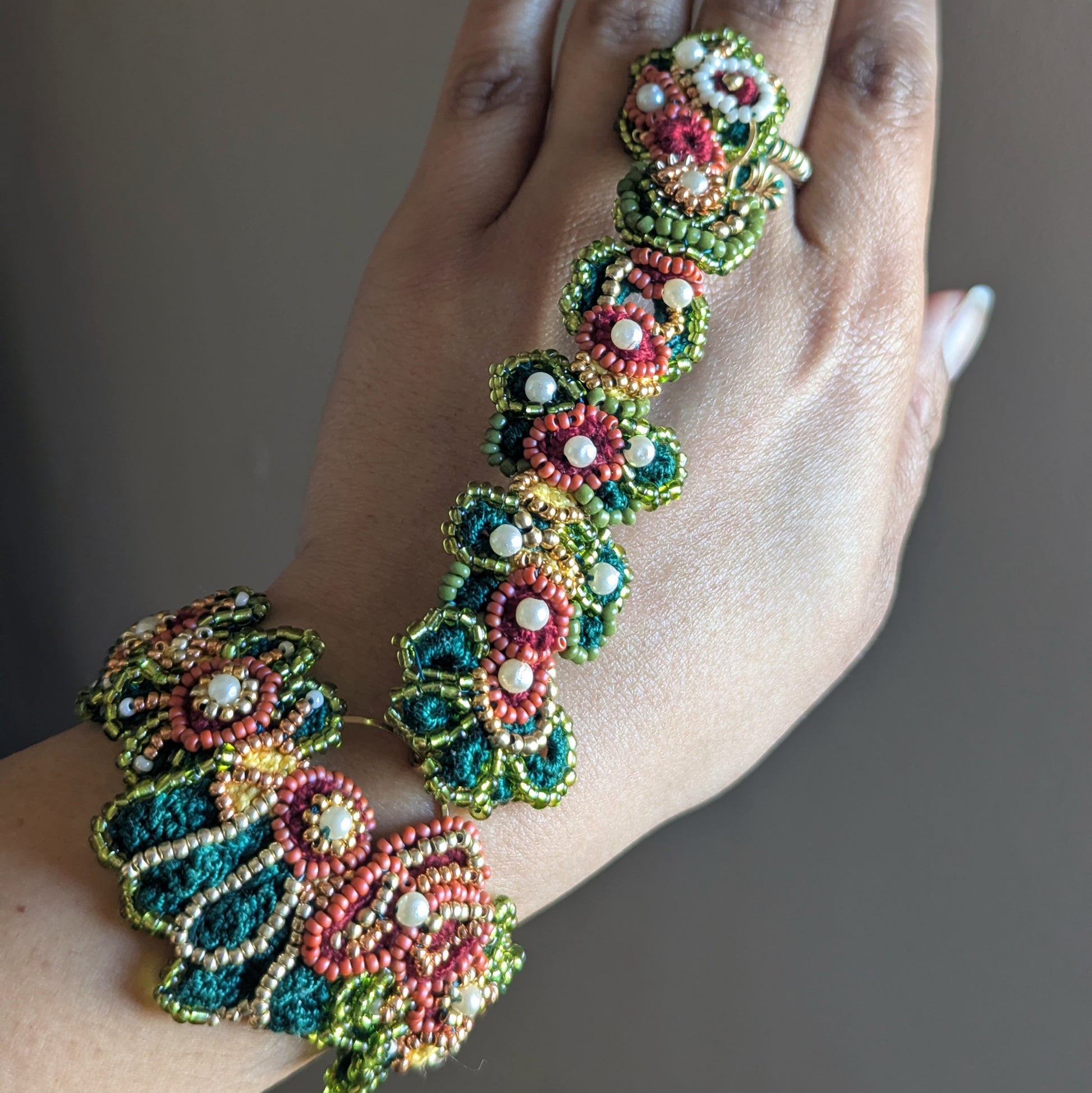 Rukmini handmade haath phool bracelet worn - conscious luxury Indian jewellery handcrafted in the UK by Mayaani Jewellery.